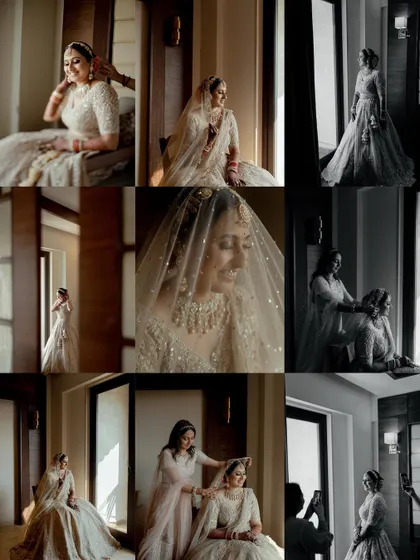 A grid of images showing the bride, Nidhi, getting ready. It captures the atmosphere of the bridal suite and the moments with her glam squad.