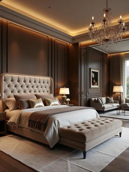 This neoclassical bedroom uses dark wood paneling to create a warm and dramatic backdrop. The tufted beige headboard and bench provide a soft contrast, creating a cozy yet grand space.