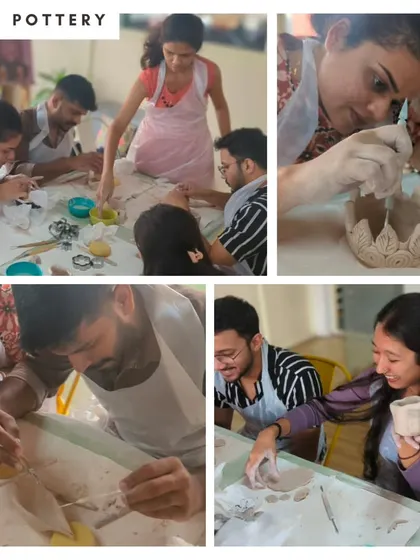 A collage dedicated to "Team Pottery," showing close-ups of participants focused on sculpting and shaping their clay creations.