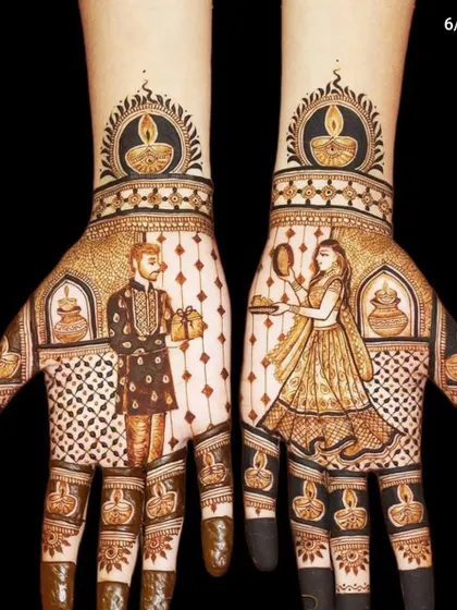 A full two-hand design for Karwa Chauth, depicting the complete story of the festival with diyas and gift-giving. Book your slot early for the festive season!