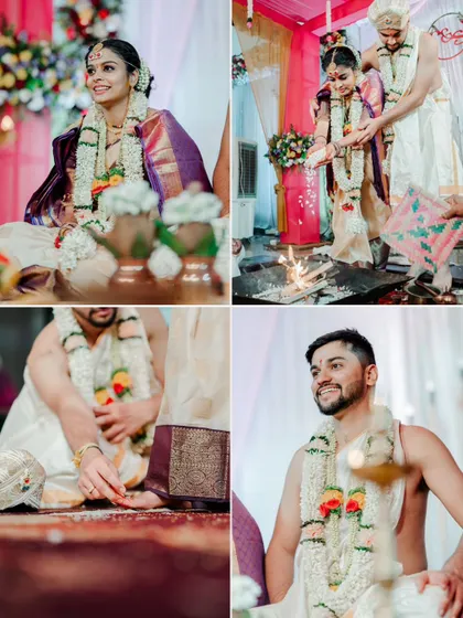 A collage of various rituals from a South Indian wedding, showing the couple's participation and the groom's solo portraits.