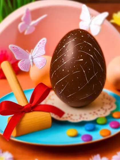 Our smashable chocolate Easter egg is a fun and surprising treat. It comes with a small wooden hammer to crack open the chocolate shell and reveal the goodies inside.