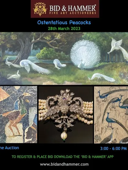 The promotional banner for our 'Ostentatious Peacocks' themed auction. This sale featured a curated selection of paintings, jewelry, and prints all celebrating India's national bird, including works by M.F. Husain and F.M. Soofi.