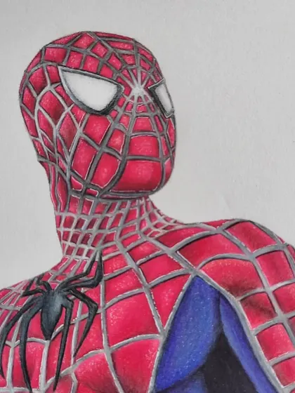 A view of Spider-Man's head and shoulders, showing the shine on the mask's eyes and the intricate webbing detail.