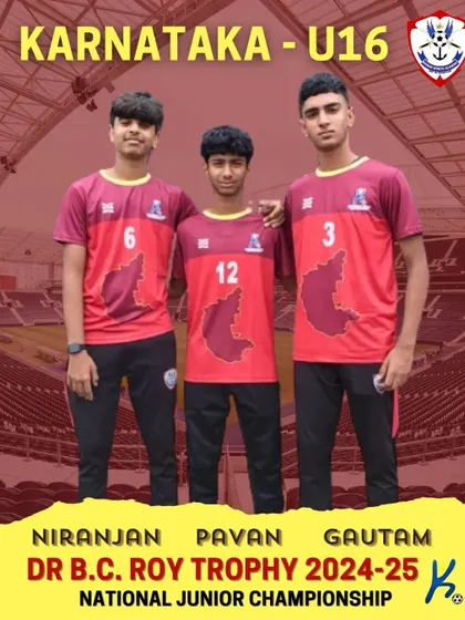 Three of our players, Niranjan, Pavan, and Gautam, selected to represent the Karnataka U16 state team at the Dr B.C. Roy Trophy National Junior Championship.