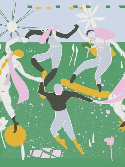 An illustration capturing the spirit of 'Z Futures.' The image of diverse individuals dancing together in a field represents the generation's embrace of inclusivity, activism, and collective joy.