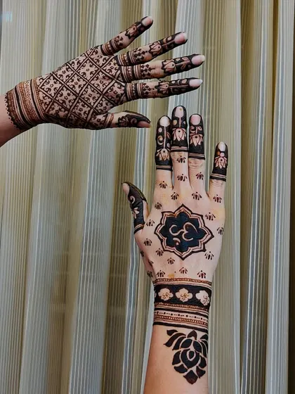 Another pose showcasing the modern and spiritual Om design, highlighting the contrast between the two hands.