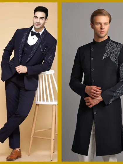 A blue embroidered tuxedo and a blue eagle Indo-Western. Our collection has looks for both formal and fusion tastes.