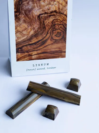 'Lignum', meaning wood. The detailed wood grain effect on these chocolates is achieved through careful layering of different colored cocoa butters, a technique our students master.