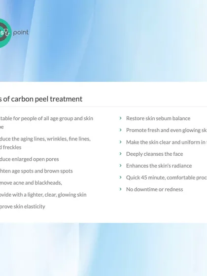 An informational graphic detailing the many benefits of our carbon peel treatment, from reducing fine lines and open pores to providing a lighter, glowing complexion.