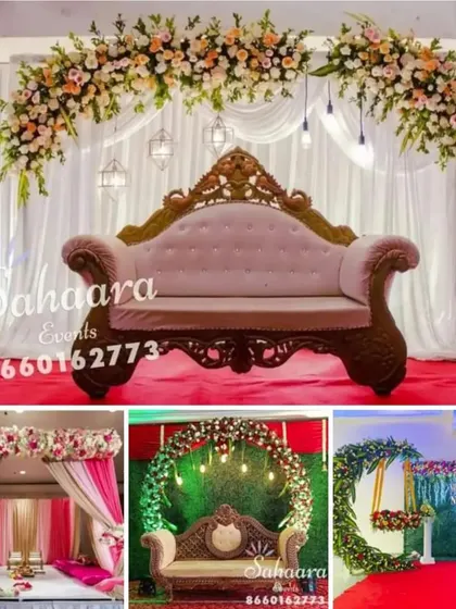 A collage showcasing a variety of our stage decorations. From classic floral arrangements to modern green backdrops, we offer diverse styles to match your event's theme and your personal taste.