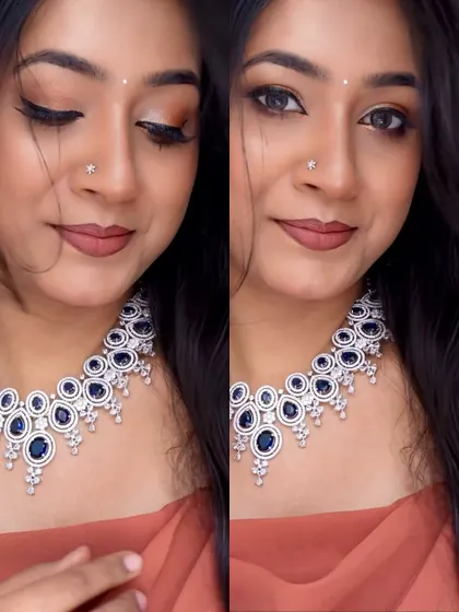 This is a classic soft glam eye makeup look paired with a statement American diamond necklace. It's a perfect example of how to balance your makeup with your jewelry.