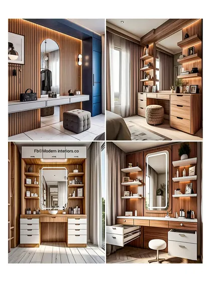 This collage presents four different concepts for dressing units. Each design features a large mirror, good lighting, and a combination of drawers and shelves, showing how I can tailor the vanity area to your specific needs and room style.