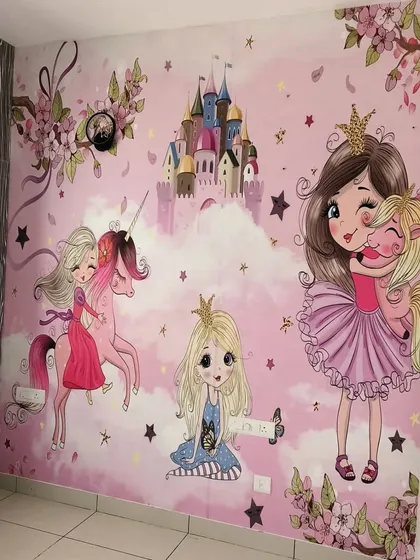 I create magical spaces for kids with custom-designed wallpapers. This enchanting princess and unicorn mural transformed a child's bedroom into a fairytale scene. I can work with any theme to bring your child's imagination to life on their walls.