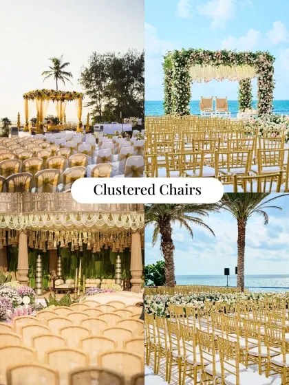 Traditional clustered chair arrangements are ideal for ceremonies. We ensure the layout is perfect, whether it's for a beach wedding or a palace celebration.