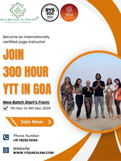 A poster for our 300-hour YTTC in Goa, featuring a photo of our teaching team and students on the beach, emphasizing the community and expert guidance you will receive.