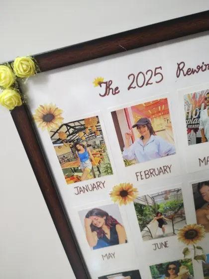 Another angle of the "2025 Rewind" frame, highlighting the corner details with yellow paper roses and sunflower stickers.