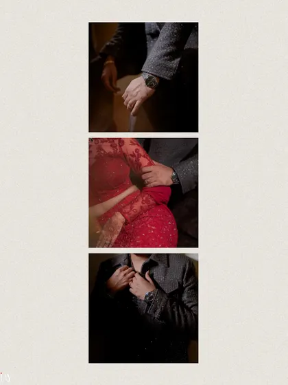 A triptych of close-up shots capturing the intimate details and textures of the couple's Sangeet outfits.