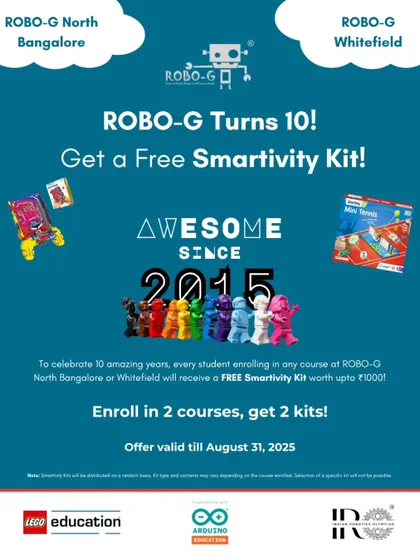 To celebrate our 10th anniversary, we are offering a free Smartivity kit with every course enrollment. This promotional graphic details our offer for new students at our Bangalore centers.