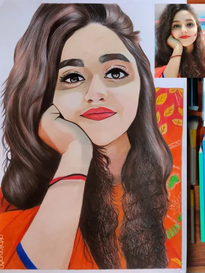 This A4 colored pencil portrait is full of life and color. Her expressive eyes and bright red lipstick make this a very engaging drawing.