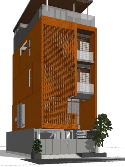 A 3D model of the Jayanagar house, exploring the form and massing of the brick facade.