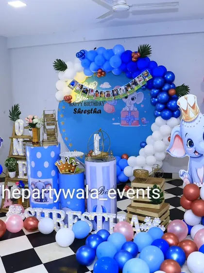 A wide shot of the baby elephant party, showing how the decor fills the space and creates a festive atmosphere.