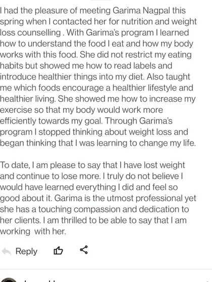 A duplicate of image 18, this detailed review shows how my nutrition and weight loss counselling program helps clients understand their body and food, leading to sustainable lifestyle changes.