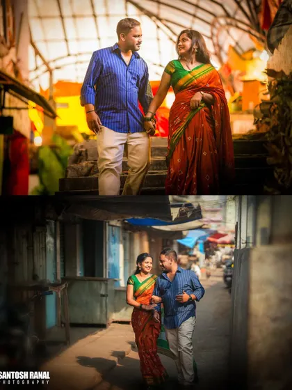 A collage capturing the story of a couple's stroll through old city streets and alleyways for their pre-wedding shoot.