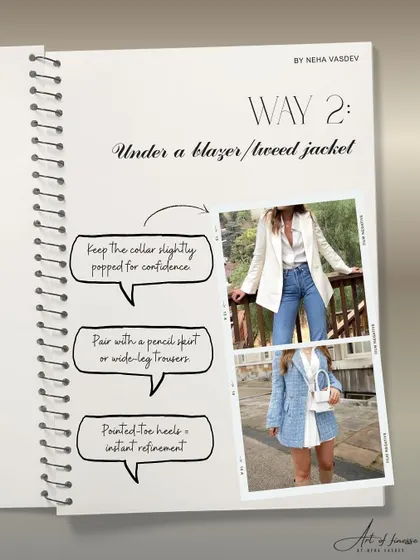 One of my favorite ways to style a white shirt is under a blazer or tweed jacket. This slide breaks down the look, suggesting a slightly popped collar and pairing it with a pencil skirt or wide-leg trousers for instant sophistication.