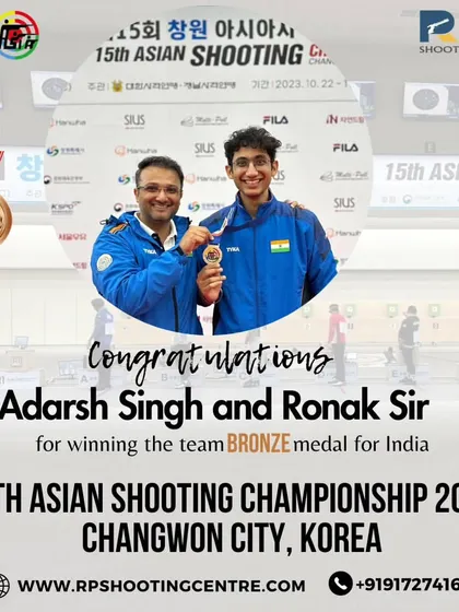 A proud moment with our shooter Adarsh Singh after winning the team Bronze medal for India at the 15th Asian Shooting Championship in Korea. Our coaching extends beyond the range, providing support during major events.