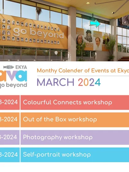 The March 2024 calendar of events at Ekya Nava. This schedule highlights a month full of hands-on learning, including workshops on printmaking, photography, and self-portraits.