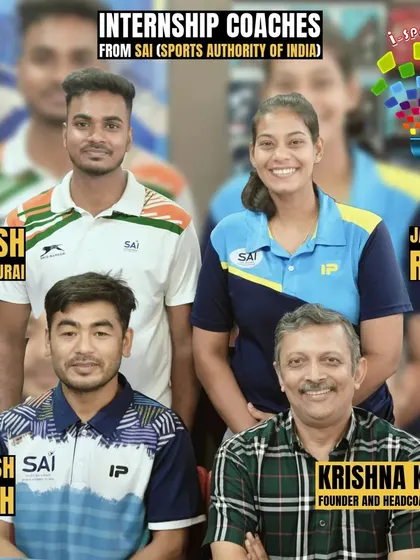 i-Sports proudly presents our internship coaches from the Sports Authority of India (SAI), Akash Vellaidurai, Jamuna Rani, and Rakesh Singh, pictured with our founder.