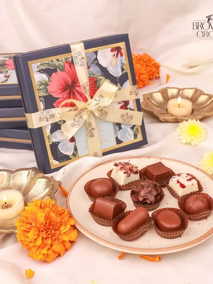 Our assorted chocolate box in elegant floral packaging. These boxes are perfect for corporate or personal gifting during Diwali.