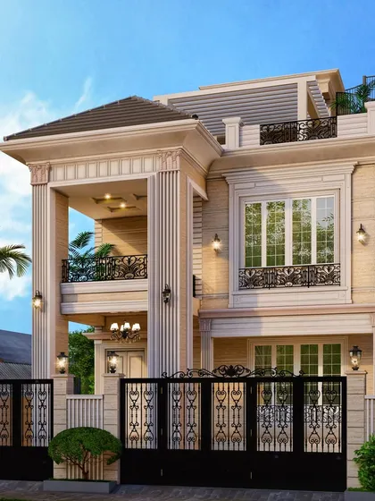 A frontal view of the classical villa, emphasizing its symmetry and the grand double-height balcony. This project redefines luxury living by harmonizing tradition and innovation.