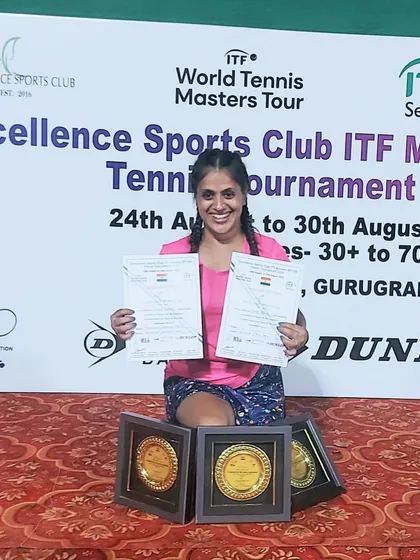 We celebrate every victory, big and small. Here is one of our dedicated players after winning a triple crown at the Excellence Sports Club ITF Masters Tournament, a testament to her hard work and our results-focused training.