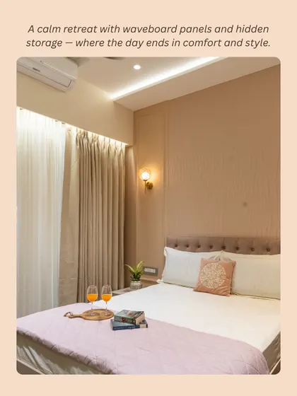 A serene bedroom from a 3BHK Mumbai home, featuring waveboard panels and hidden storage.