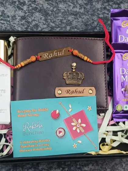 I create special gift sets for festivals like Raksha Bandhan. This hamper includes a personalized wallet for a brother, a custom rakhi, perfume, and chocolates, making it a complete and thoughtful gift to celebrate your bond.