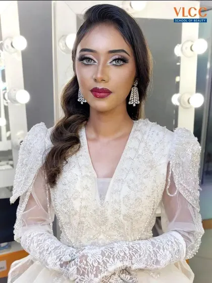 A full view of the MET Gala-inspired look, complete with an ornate white gown. My course teaches how to create a cohesive look where makeup complements the fashion.