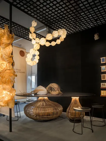 For the Oorjaa Design exhibit at India Design ID, we created an immersive spatial design. The centerpiece was this large table with a woven lantana base, surrounded by handmade lights, telling the story of the brand's craft.