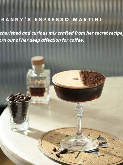 My Espresso Martini is not for the faint of heart. It's a cherished mix from my secret recipe, born from a deep affection for strong coffee and even stronger spirits.