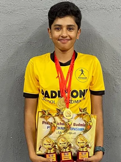 The result of relentless training. Vivaan stands proud with his haul from the PSB Championships, securing wins in U13 Boys Singles and both U13 and U15 Boys Doubles.
