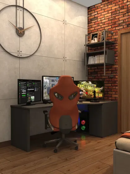 A dedicated gaming and study corner with multiple screens and an ergonomic chair, designed for both focus and fun.