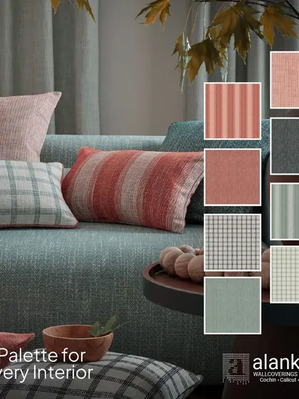 A palette for every interior from the Atlas collection. This image displays a variety of patterns and colors, from warm golds to sky blue, suitable for any design scheme.