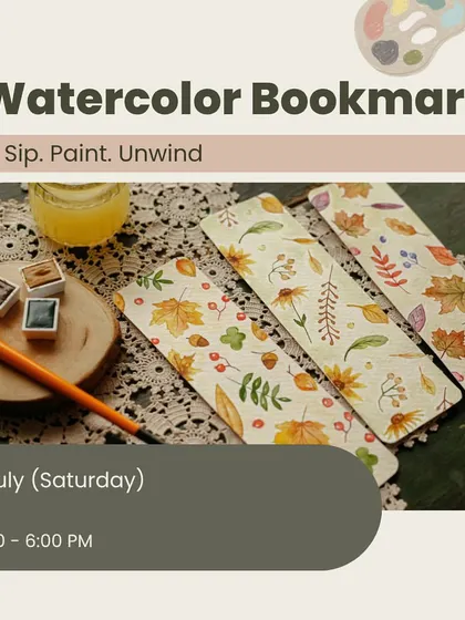 Our watercolor bookmarks workshop poster, displaying a set of beautiful, autumn-themed bookmarks. A perfect session for book lovers who want to add a personal touch to their reading.