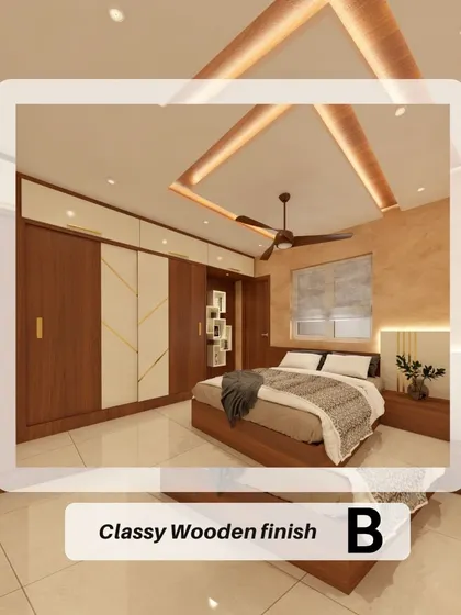 For those who prefer a subtle touch of nature, this design blends wooden elements with a neutral color palette. The wardrobe combines wood with white and gold accents, and the textured wallpaper adds another layer of warmth and sophistication.