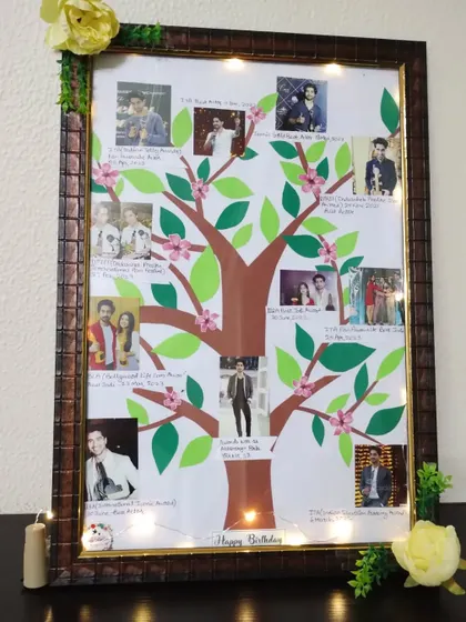 A unique handmade frame designed as a tree, with each branch holding a photo representing an award won by actor Harshad Chopda for his role. The frame is backlit with fairy lights for a magical touch.
