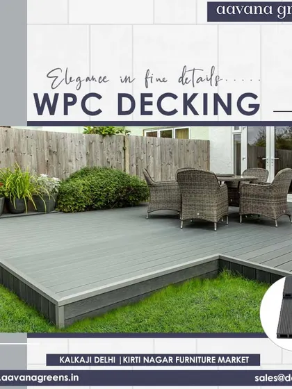 Elegance is in the fine details. This outdoor seating area is built on a gray WPC deck, which provides a clean, modern, and weather-resistant foundation that complements the green surroundings.