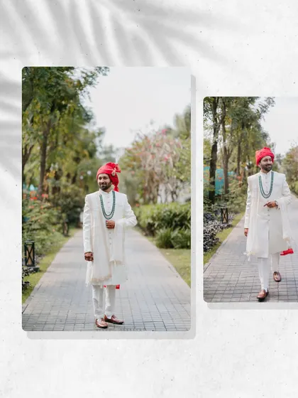 A collage of the groom in a classic white sherwani, walking along a paved path in a resort, looking relaxed and happy.