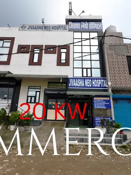 The completed 20 kW commercial solar project at Jivaasha Neo Hospital in Delhi, a testament to our work in the healthcare sector.