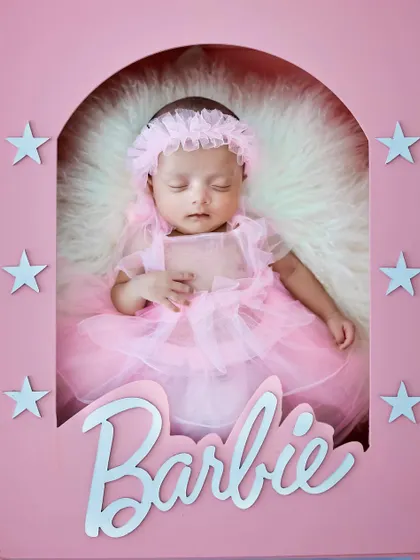 A life-in-a-box Barbie theme for your little doll. This playful and popular setup uses a custom-made box prop, pink tulle dress, and soft fur for a picture-perfect result.